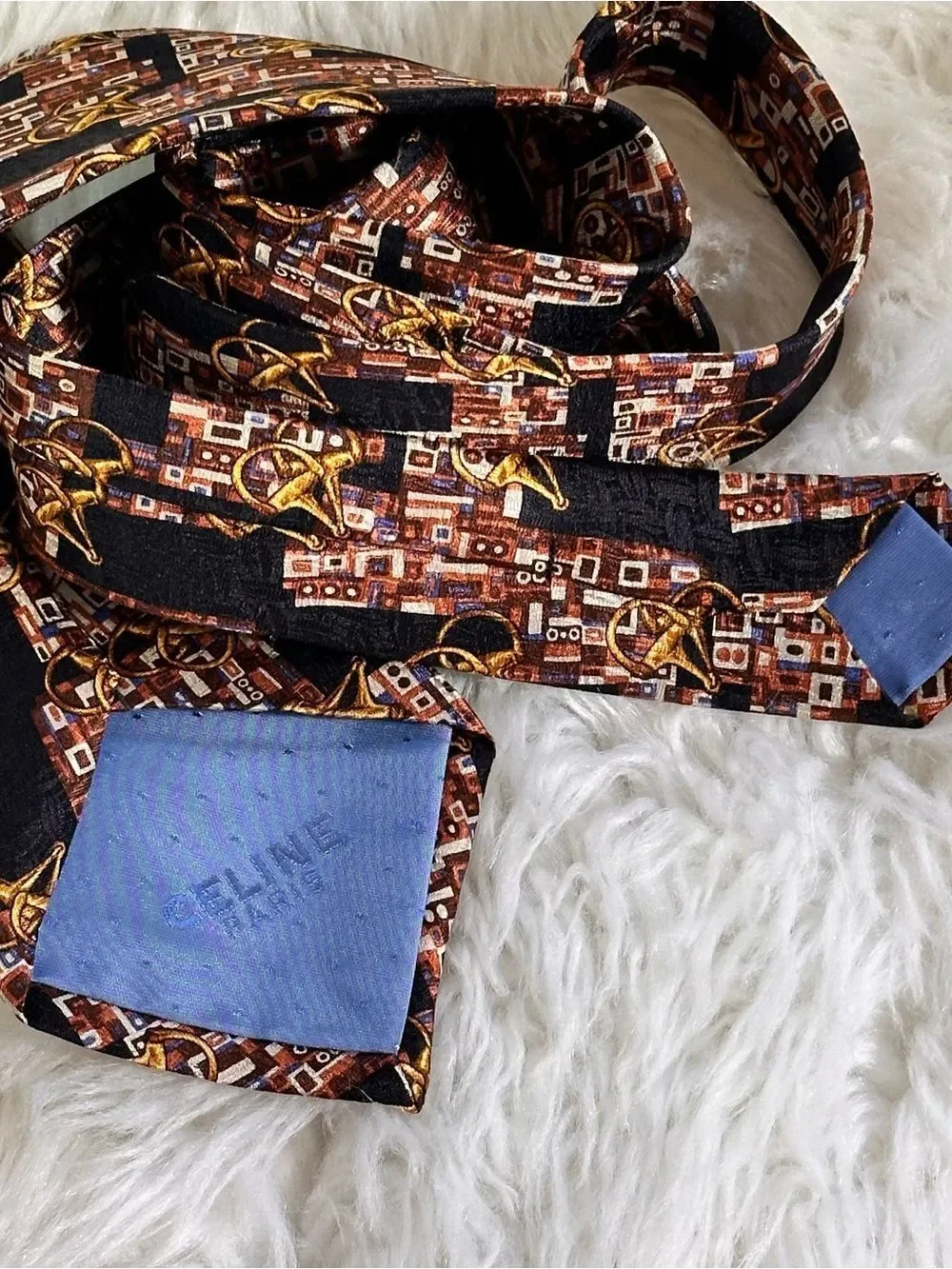 Celine Black, Brown & Gold Geometric Print Silk Tie